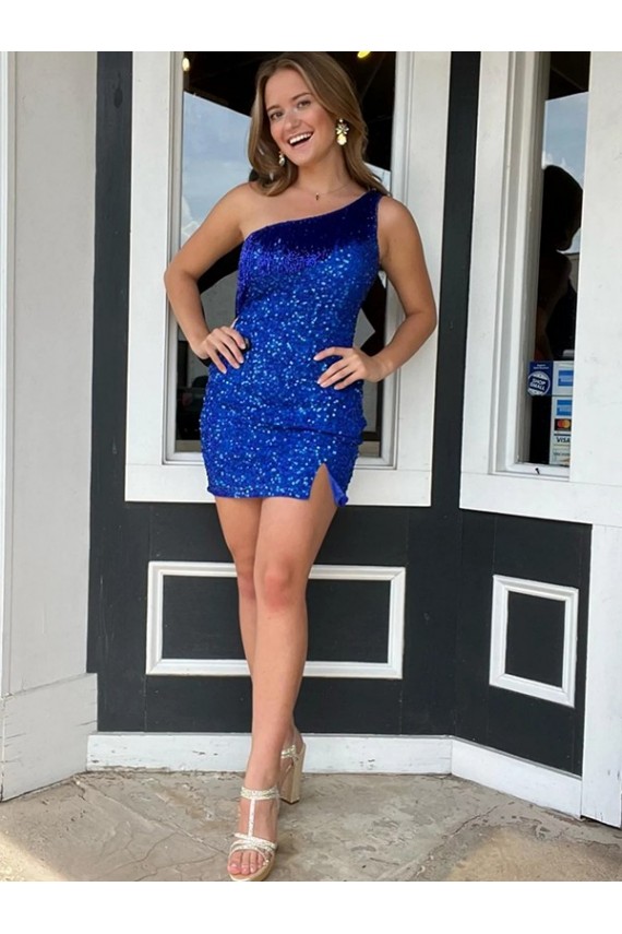 Compra Azul real Cubierta Un Hombre Corto Lentejuelas Terciopelo Corto Vestidos de fiesta
