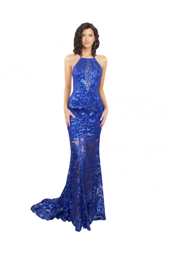Azul real Sirena Cuello Alto Encaje Largo Vestidos de dama de honor / Vestidos de fiesta Asequibles