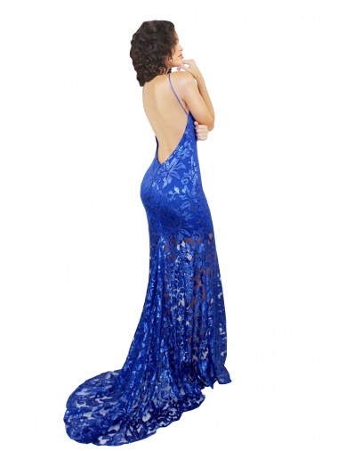 Azul real Sirena Cuello Alto Encaje Largo Vestidos de dama de honor / Vestidos de fiesta