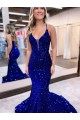 Azul real Sirena Cuello en V Cola corte Lentejuelas Terciopelo Largo Vestidos de fiesta Asequibles