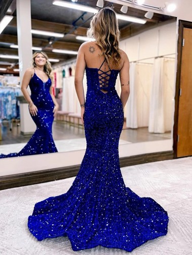 Azul real Sirena Cuello en V Cola corte Lentejuelas Terciopelo Largo Vestidos de fiesta