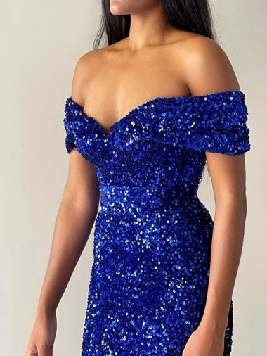 Azul real Sirena Hombros Descubiertos Barrer tren Lentejuelas Terciopelo Largo Vestidos de fiesta