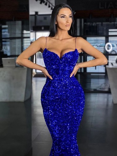 Azul real Sirena Tirantes espagueti Barrer tren Lentejuelas Terciopelo Largo Vestidos de fiesta
