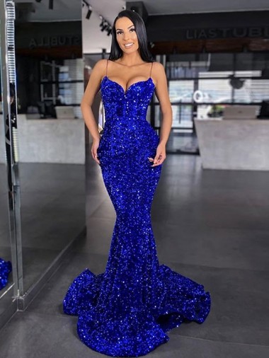 Azul real Sirena Tirantes espagueti Barrer tren Lentejuelas Terciopelo Largo Vestidos de fiesta Asequibles