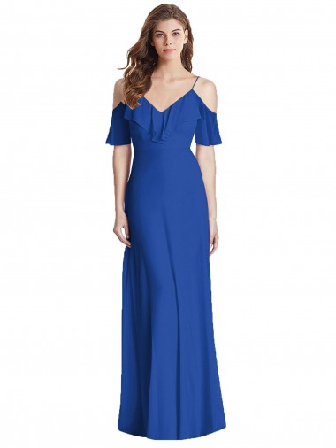 Azul real Trompeta Tirantes espagueti Cuello en V Gasa Largo Vestidos de dama de honor Asequibles