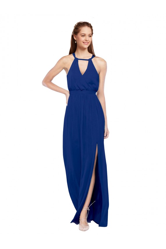 Azul real línea A Cuello Alto Gasa Largo Vestidos de dama de honor Asequibles