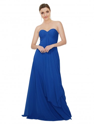 Azul real línea A Cuello de Corazón Sin tirantes Gasa Largo Vestidos de dama de honor Asequibles