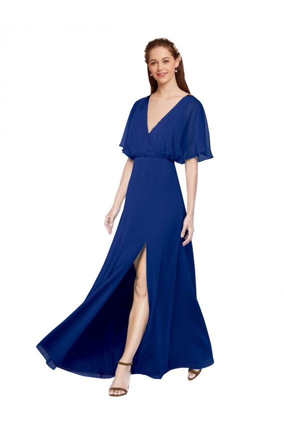 Azul real línea A Cuello en V Gasa Largo Vestidos de dama de honor Asequibles