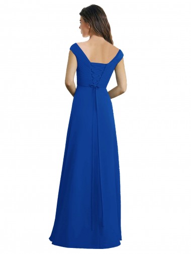 Azul real línea A Cuello en V Gasa Largo Vestidos de dama de honor