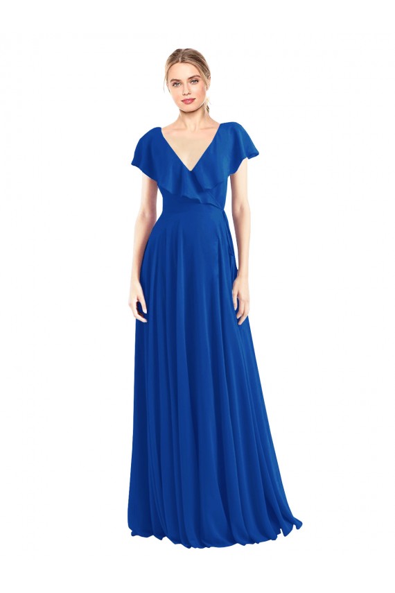 Azul real línea A Cuello en V Gasa Largo Vestidos de dama de honor Asequibles