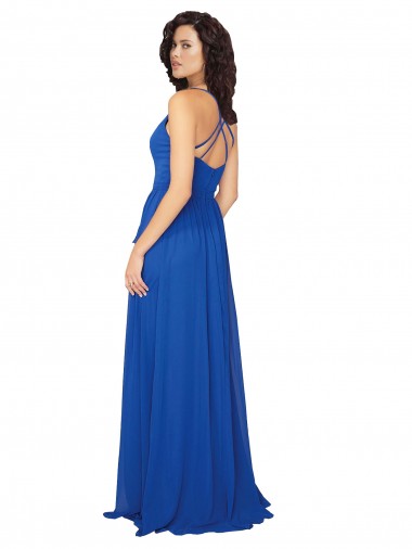 Azul real línea A Cuello en V Gasa Largo Vestidos de dama de honor