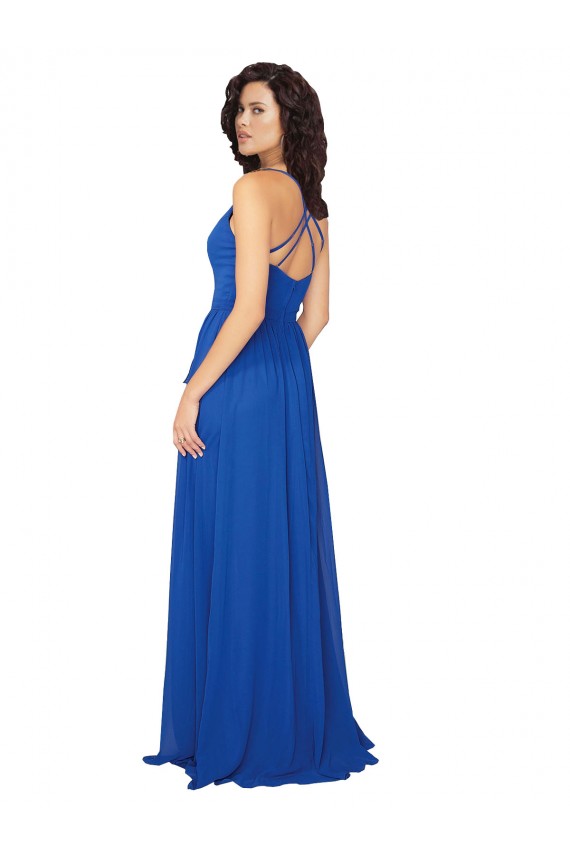 Azul real línea A Cuello en V Gasa Largo Vestidos de dama de honor Asequibles