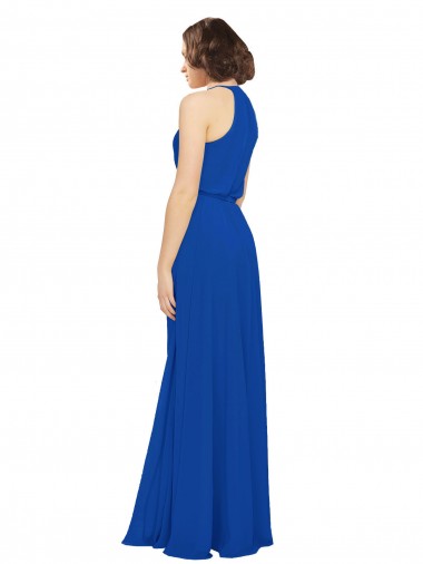 Azul real línea A Cuello joya Gasa Largo Vestidos de dama de honor
