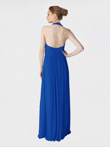 Azul real línea A Halter Gasa Largo Vestidos de dama de honor