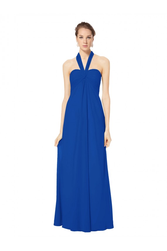 Azul real línea A Halter Gasa Largo Vestidos de dama de honor Asequibles