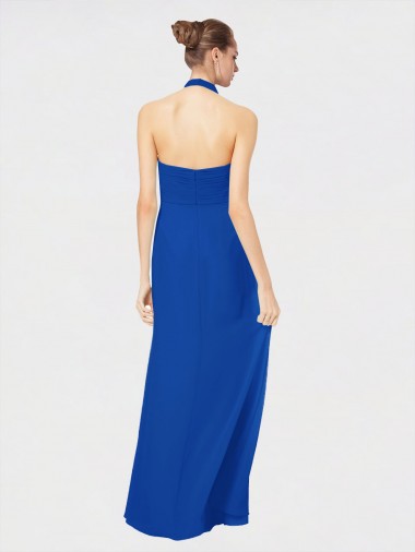 Azul real línea A Halter Gasa Largo Vestidos de dama de honor