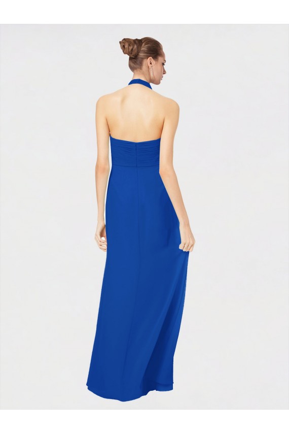 Azul real línea A Halter Gasa Largo Vestidos de dama de honor Asequibles