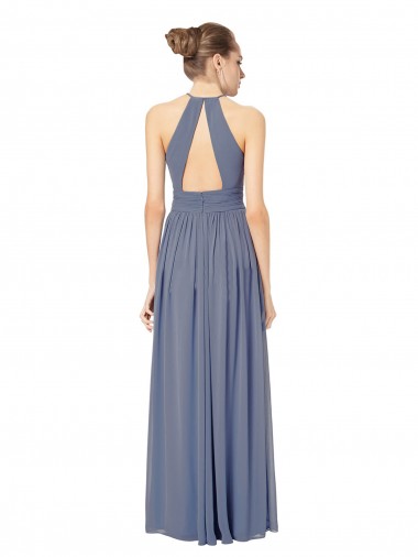 Azul real línea A Halter Gasa Largo Vestidos de dama de honor