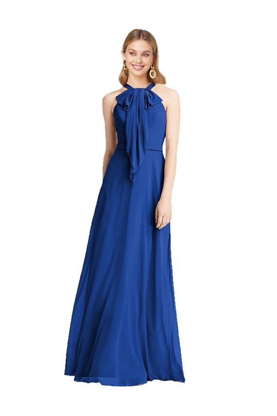 Azul real línea A Halter Gasa Largo Vestidos de dama de honor Asequibles