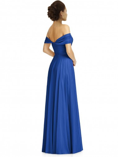 Azul real línea A Hombros Descubiertos Gasa Largo Vestidos de dama de honor