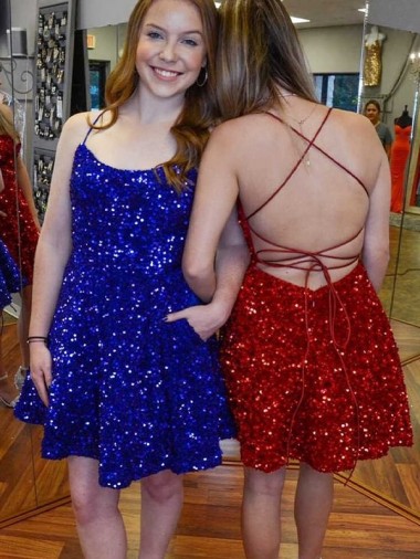 Azul real línea A Tirantes espagueti Corto Lentejuelas Terciopelo Corto Vestidos de fiesta Asequibles