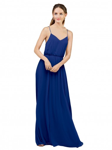 Azul real línea A Tirantes espagueti Gasa Largo Vestidos de dama de honor Asequibles