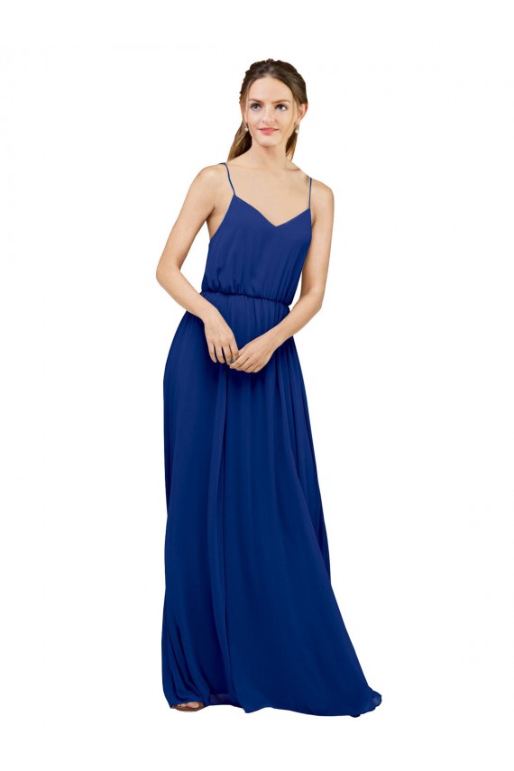 Azul real línea A Tirantes espagueti Gasa Largo Vestidos de dama de honor Asequibles