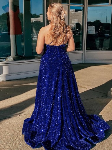 Azul real línea A Un Hombre Barrer tren Lentejuelas Terciopelo Largo Vestidos de fiesta