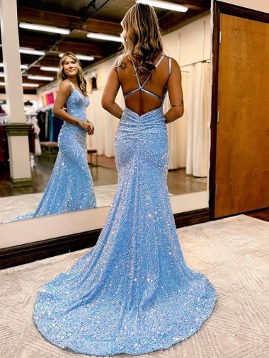 Bígaro Cubierta Cuello en V Barrer tren Lentejuelas Terciopelo Largo Vestidos de fiesta