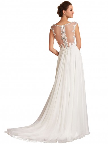 Blanco Cubierta Cuello en V Cola capilla Gasa Encaje Vestidos de novia