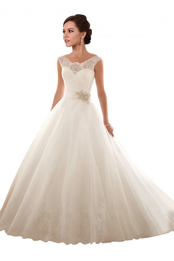 Compra Blanco Hombros Descubiertos Cola capilla Tul Encaje Vestidos de novia
