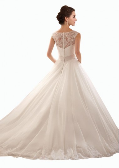 Blanco Hombros Descubiertos Cola capilla Tul Encaje Vestidos de novia
