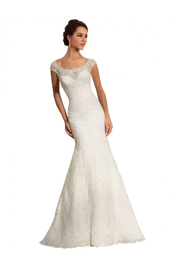 Blanco Sirena Barco Cola capilla Encaje Vestidos de novia Asequibles