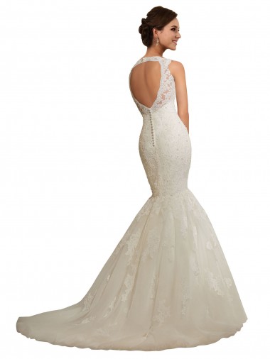Blanco Sirena Cuello en V Cola capilla Tul Encaje Vestidos de novia