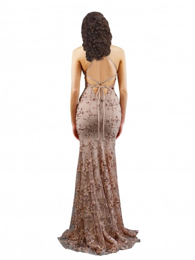 Oro rosa Sirena Cuello en V Cuello Alto Crepé Elástico Lentejuela Tul Largo Formales Vestidos de dama de honor / Vestidos de fiesta