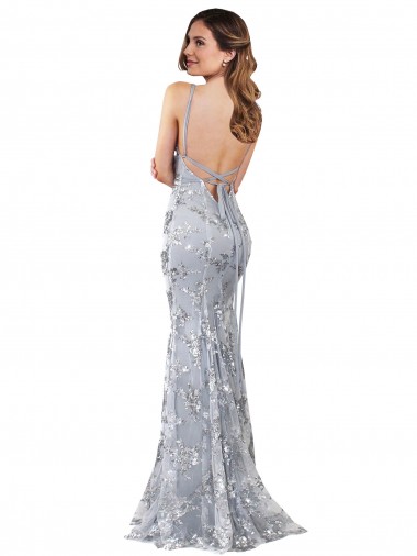 Plata Sirena Cuello en V Cuello Alto Crepé Elástico Lentejuela Tul Largo Formales Vestidos de dama de honor / Vestidos de fiesta