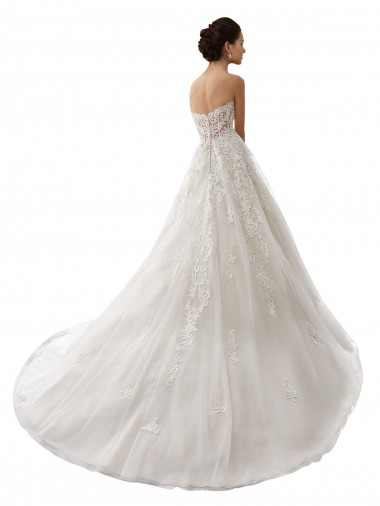 Blanco línea A Cuello de Corazón Cola capilla Tul Encaje Vestidos de novia
