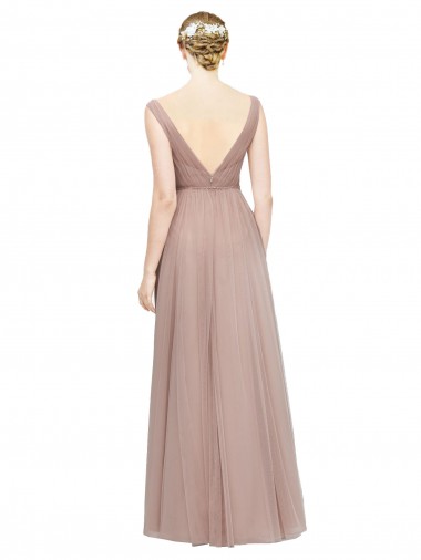 Blush línea A Cuello en V Tul Largo Vestidos de dama de honor