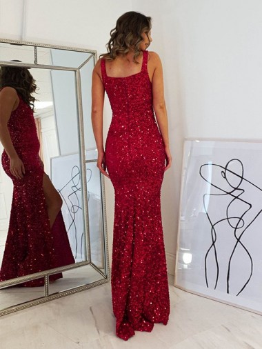 Borgoña Cubierta Cuadrado Lentejuelas Terciopelo Largo Vestidos de fiesta
