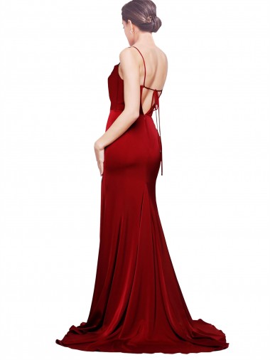 Borgoña Cubierta Tirantes espagueti Barrer tren Satén elástico Largo Formales Vestidos de dama de honor / Vestidos de fiesta