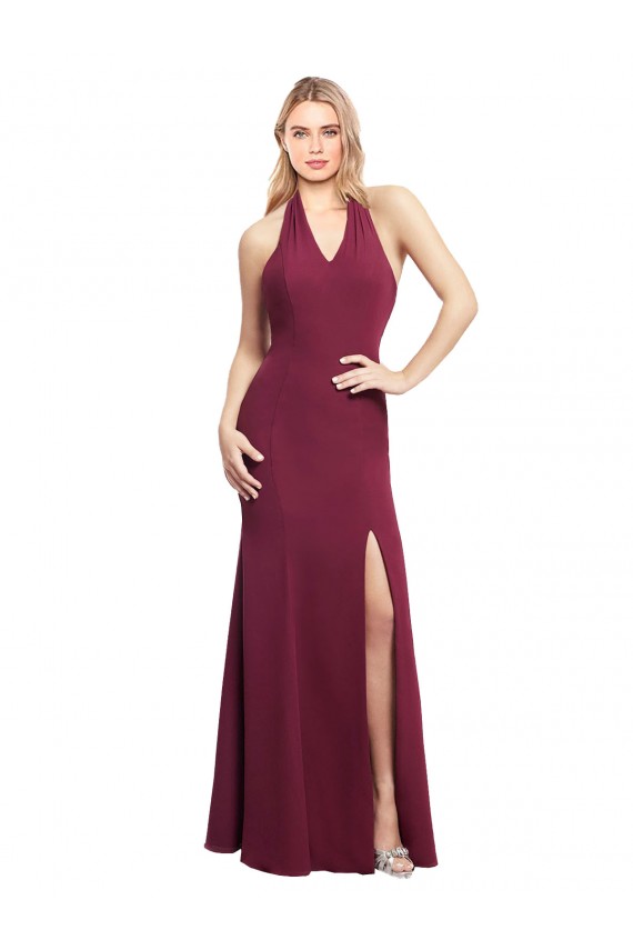 Borgoña Sirena Halter Gasa Largo Vestidos de dama de honor Asequibles