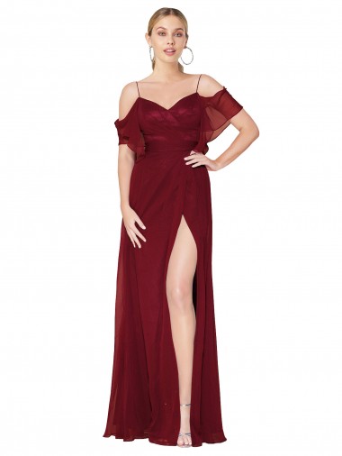 Borgoña Trompeta Hombros Descubiertos Gasa Largo Formales Vestidos de dama de honor / Vestidos de fiesta Asequibles