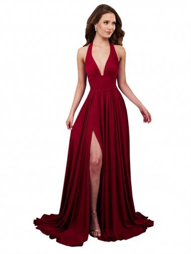 Borgoña línea A Halter Cuello en V Spandex Largo Formales Vestidos de dama de honor / Vestidos de fiesta Asequibles