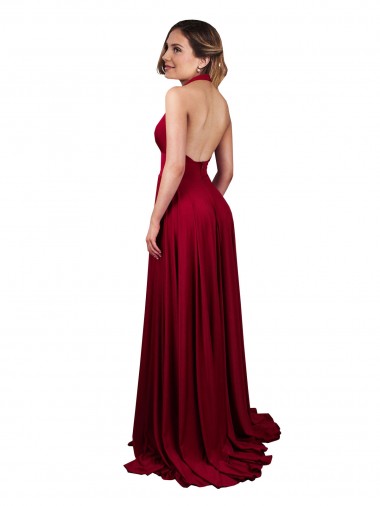 Borgoña línea A Halter Cuello en V Spandex Largo Formales Vestidos de dama de honor / Vestidos de fiesta
