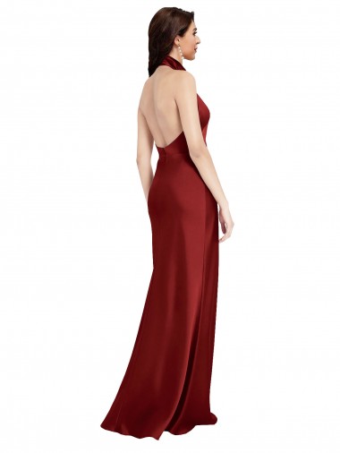 Borgoña línea A Halter Satén elástico Largo Formales Vestidos de dama de honor / Vestidos de fiesta