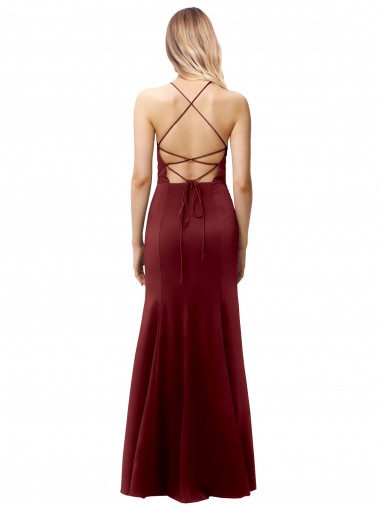 Borgoña oscuro Sirena Halter Cuello Alto Crepé Elástico Largo Formales Vestidos de dama de honor / Vestidos de fiesta
