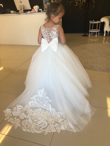 Champán Cuello de Corazón Cola capilla Tul Encaje Largo vestidos de niña de las flores