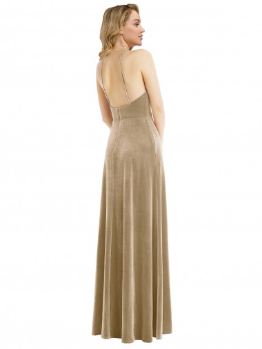 Champán línea A Halter Cuello Alto Terciopelo Elástico Largo Vestidos de dama de honor / Vestidos de fiesta