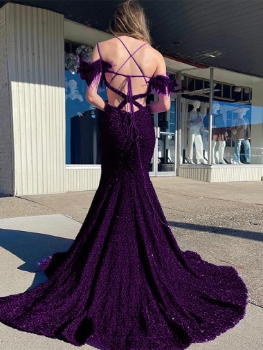 Ciruela Cubierta Tirantes espagueti Cuello en V Cola corte Lentejuelas Terciopelo Largo Vestidos de fiesta