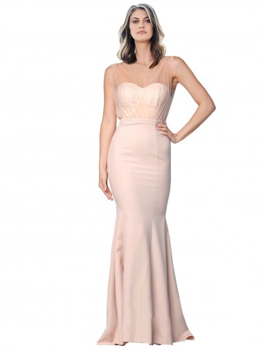 Cubierta Cuello de Corazón Crepé Elástico Tul Largo Formales Vestidos de dama de honor / Vestidos de fiesta Asequibles